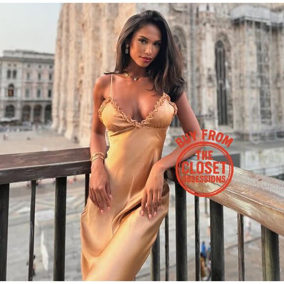 ZARA Satin Effect Slip Midi Dress NWT | Gold Ochre | Adjustable Straps - Picture 4 of 16